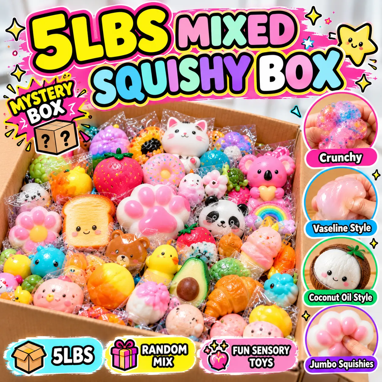 5LBS Mixed Squishy Mystery Box | Crunchy, Vaseline Style, Coconut Oil Style & Jumbo Squishies | Assorted Sensory Toys