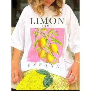 Lemon Fruit Print T-Shirts Cotton Women Graphic Tops Vintage Aesthetic Botanical Streetwear Shirt Cottagecore Clothes Oversized