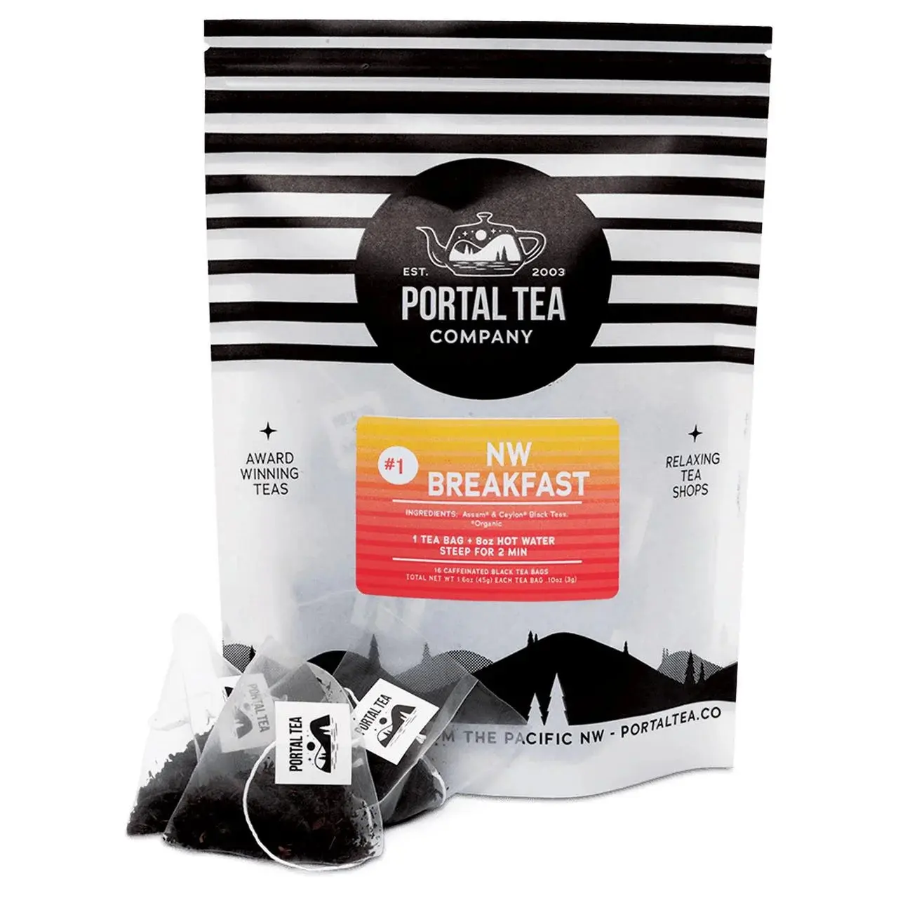 Portal Tea Northwest Breakfast Pyramid Tea Bags #1 16ct - Organic Assam & Ceylon Black Tea, 100% Plastic-Free & Compostable, Eco-Friendly - Beverage