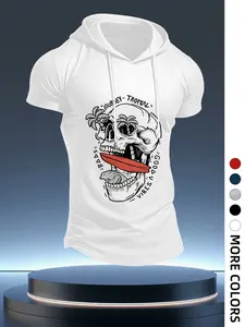 Men's Short Sleeve Hoodie, Tropical Skull Palm Tree Print, Summer Surf Street Style, Urban Hardcore Casual Hooded Top