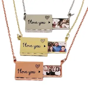 Personalized Photo Envelope Necklace Locket - Available in Silver, gold & rose gold with "I Love You" Design, letter envelope pendant, photo message envelope necklace