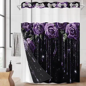 1PC 2D Flat Purple Rose Flower Pattern Double-Layer Woven Floral Shower Curtain (No Hooks), Transparent Top Window, Removable Liner with Clips, Home Bathroom Partition Art Decoration, Bathroom Decor, Bathroom Accessory, Floral Shower Curtains For Bathroom
