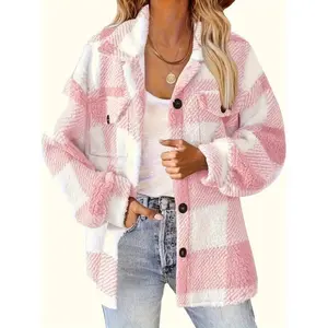 [Elegant Fleece Jacket] Winter Plush Fleece Women's Jacket | Yellow & White Checkered High Elasticity Coat, Machine Washable Middle Eastern-Inspired Elegance Collection for Fall