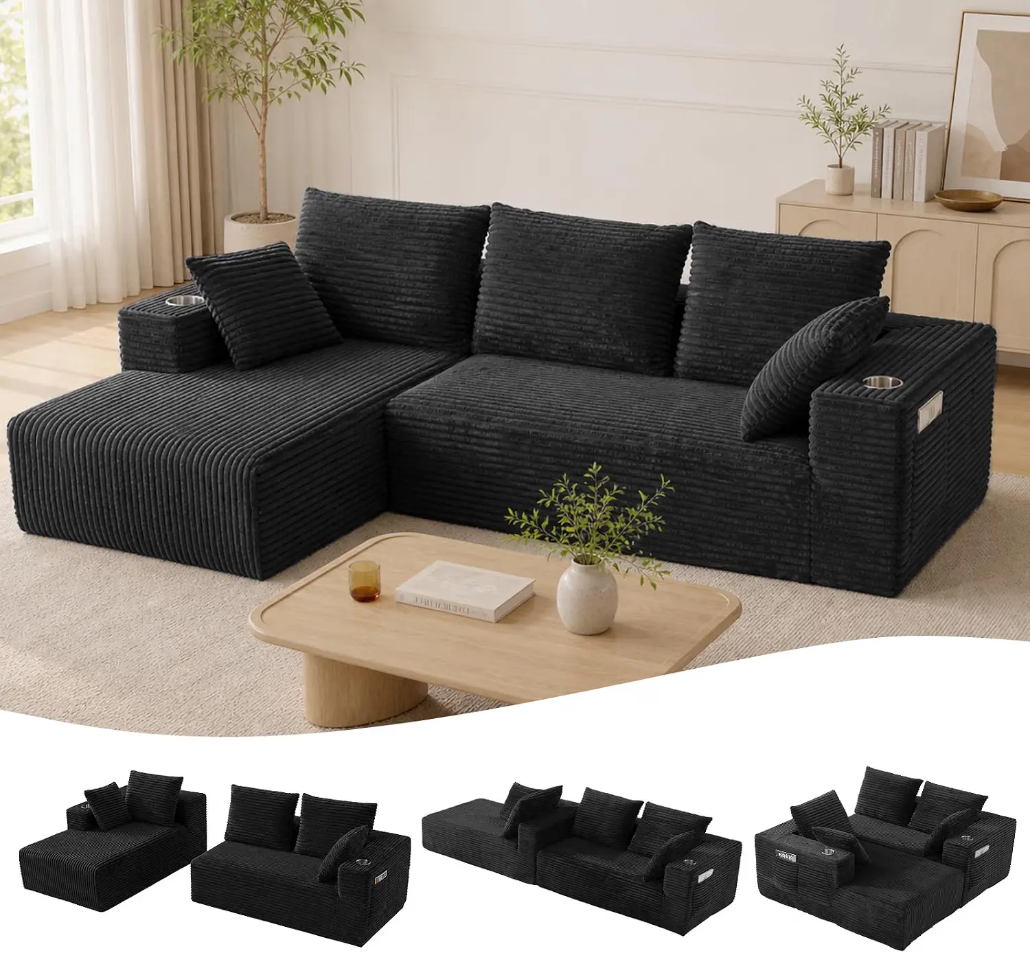 L-Shaped Boneless Sectional Couch, 95.27in Corduroy Modular Convertible Sofa with Chaise, Cup Holders, Storage Pockets & Spring Support, No Assembly Required, Apartment Furniture for Living Room Decor, Boneless Couches Room Decor
