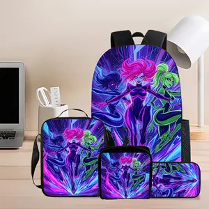 4pcs Anime Group Backpacks Suitable for Women & - 4pcs Bookbag with 3 Vibrant Female Prints, Zipper Closure, Hand Washable Gift For, Travel, Daily Use (No Oil)