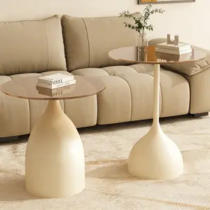 Milky White Aesthetic Tempered Glass Side Table  Compact Round Bedside Table  Sturdy and Space-Saving Decorative Table Suitable for Living Room Sofa, Bedroom Nightstand, Balcony, and Home Office Pedestal Round Table