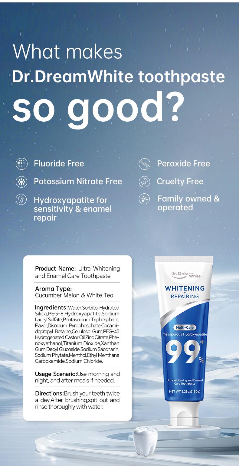【BUY 2 GET 1 FREE】Dr.DreamWhite Mesoporous 99%Hydroxyapatite nHAP Toothpaste Oral care | Ultra Whitening  &  Enamel Reparing | Fresh Breath | Cucumber Melon White Tea Flavor | 5.29oz | 3-Tube Pack Daily