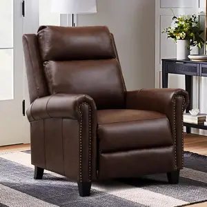 [Summer Break Sale] Ebello 34" Wide Genuine Leather Classic and Traditional Push Back Recliner Chair with Rivet Decoration for Living Room, Brown