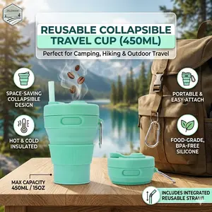 Collapsible Silicone Coffee Mug 450ml, Portable Reusable Folding Travel Cup with Straw for Camping & Outdoor Hiking