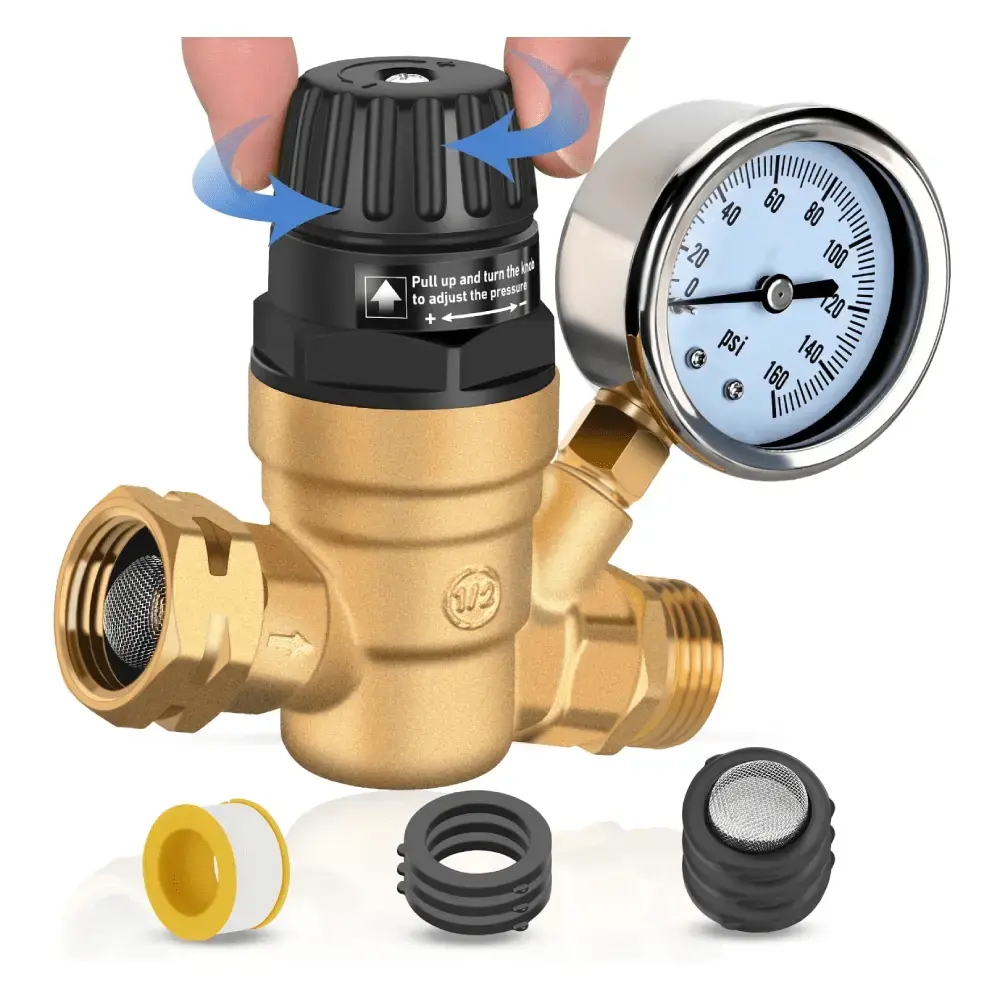 Nilight Brass RV Water Pressure Regulator for Travel Trailer Camper Garden - Metal Construction, Handwheel Adjustment, Oil-Filled Gauge, 3/4" Hose Male Outlet, Hose Fittings Compatibility, Ergonomic Handle, Water Systems Compatible, Home, 0-160Psi