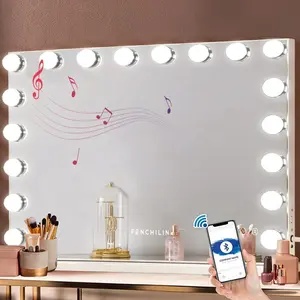 Vanity Mirror for Makeup with Speaker Extra Large Hollywood Lighted Mirror with 18 Dimming LED Bulbs Smart, Tabletop/Hanging Cosmetic Mirror with Touch Screen & USB Charging Port
