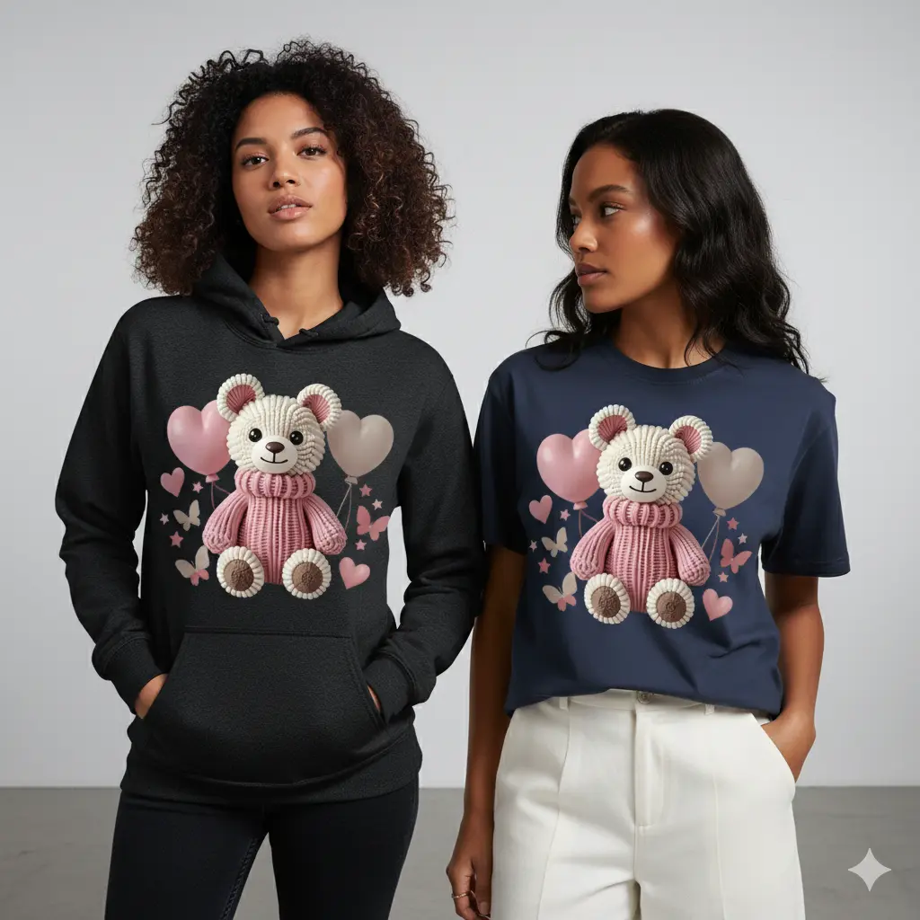 Women's Graphic Hoodie or Tee, Fitted Style with Bear Balloon Print, Soft Breathable Stretch Cotton-Poly Blend