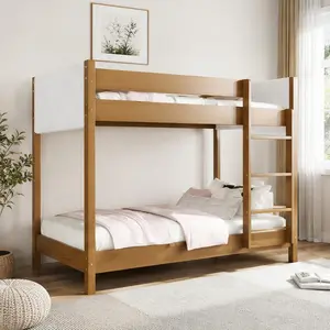 ARCH Twin Over Twin Bunk Bed with Boucle Upholstered Headboard and Footboard, Ladder, Safety Guardrails, Rubber Wood Frame, Natural Finish, Space-Saving Design for Kids Bedroom, Durable Wooden Bunk Bed with Underbed Storage, Twin Size Options