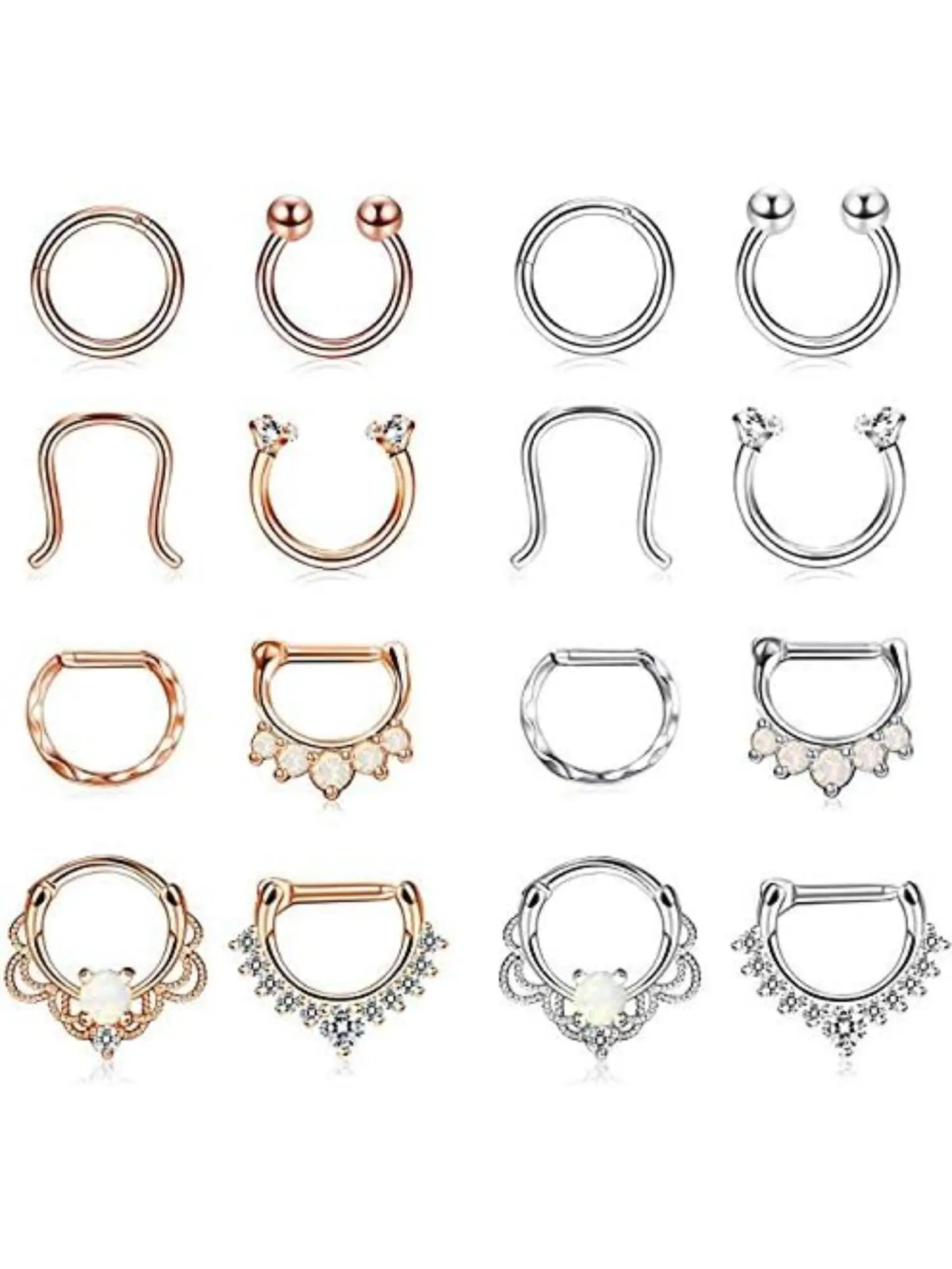16 Pcs 16G Stainless Steel Septum Piercing Clickers Rhinestone Nose Rings Hoops Body Piercing Jewelry Silver or Rose