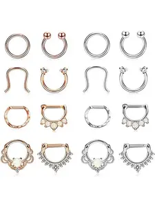 16 Pcs 16G Stainless Steel Septum Piercing Clickers Nose Rings Hoop Body Piercing Jewelry Silver or Rose