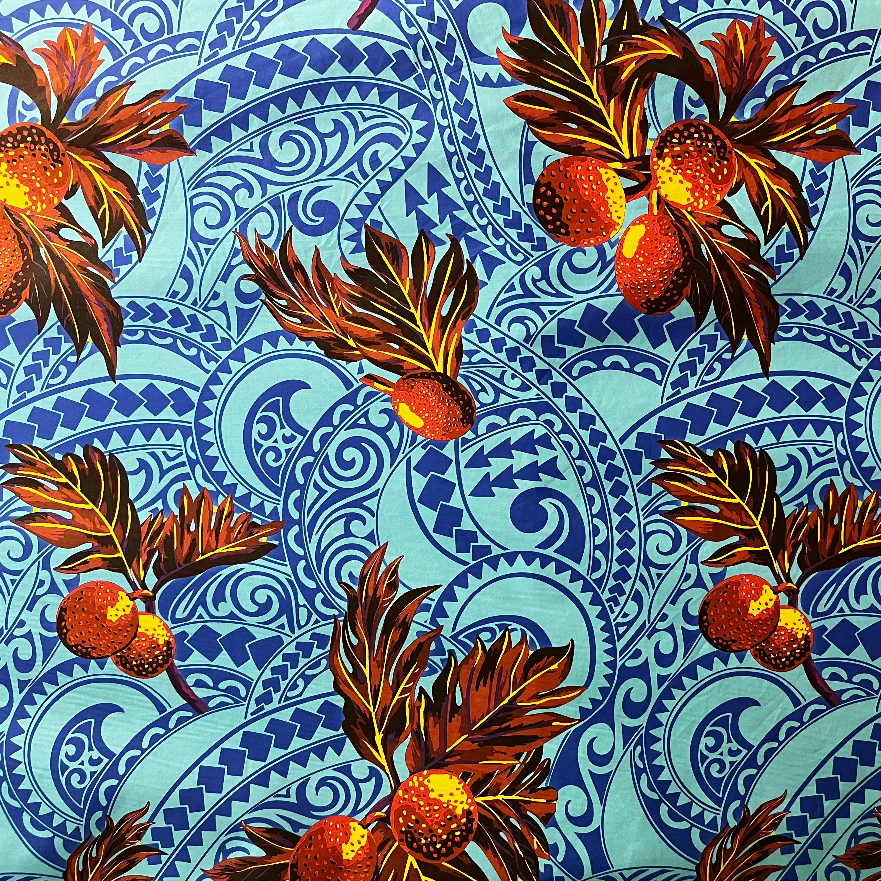 Longan Fruit Poly-Cotton Blend Fabric - Continuous Piece with Traditional Polynesian Tribal Tattoo & Fruit Motif, Durable Textile for Sewing, Soft Furnishings, Polyester And Cotton Blend