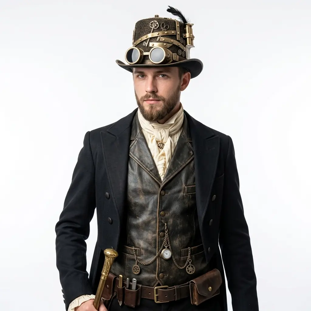 Gold Steampunk Victorian Mad Hatter Scientist Time Traveler Top Hat with Goggles For Halloween