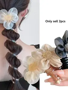 2pcs New Floral Hair Ties, High Elasticity Braiding Tool, Elegant Plain Pattern, All-Seasons Accessory, Ideal for Bubble Braid & Ponytail Gift