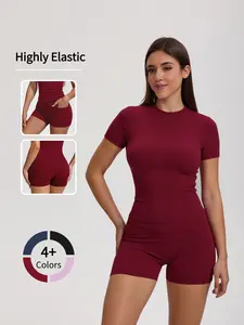 Women 2pcs Short Sleeve Gym Shorts Tummy Control High Waisted Workout Gym Crew Neck Outfits Lounge Sets Running Butt Lifting Slim Outdoor Sportswear