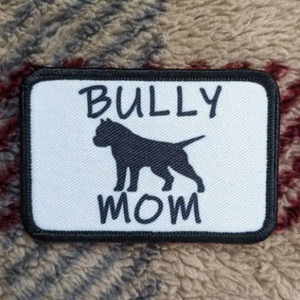 pit bull bully mom 2"x3" white morale patch with hook and loop backing