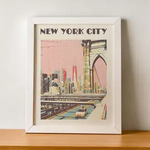 Room Decor, Gift-ready, Wall Decor, Ready to Hang, Nyc Print, Brooklyn Bridge New York City Skyline Art, Gift Under 50, Retro Travel Poster Unframed