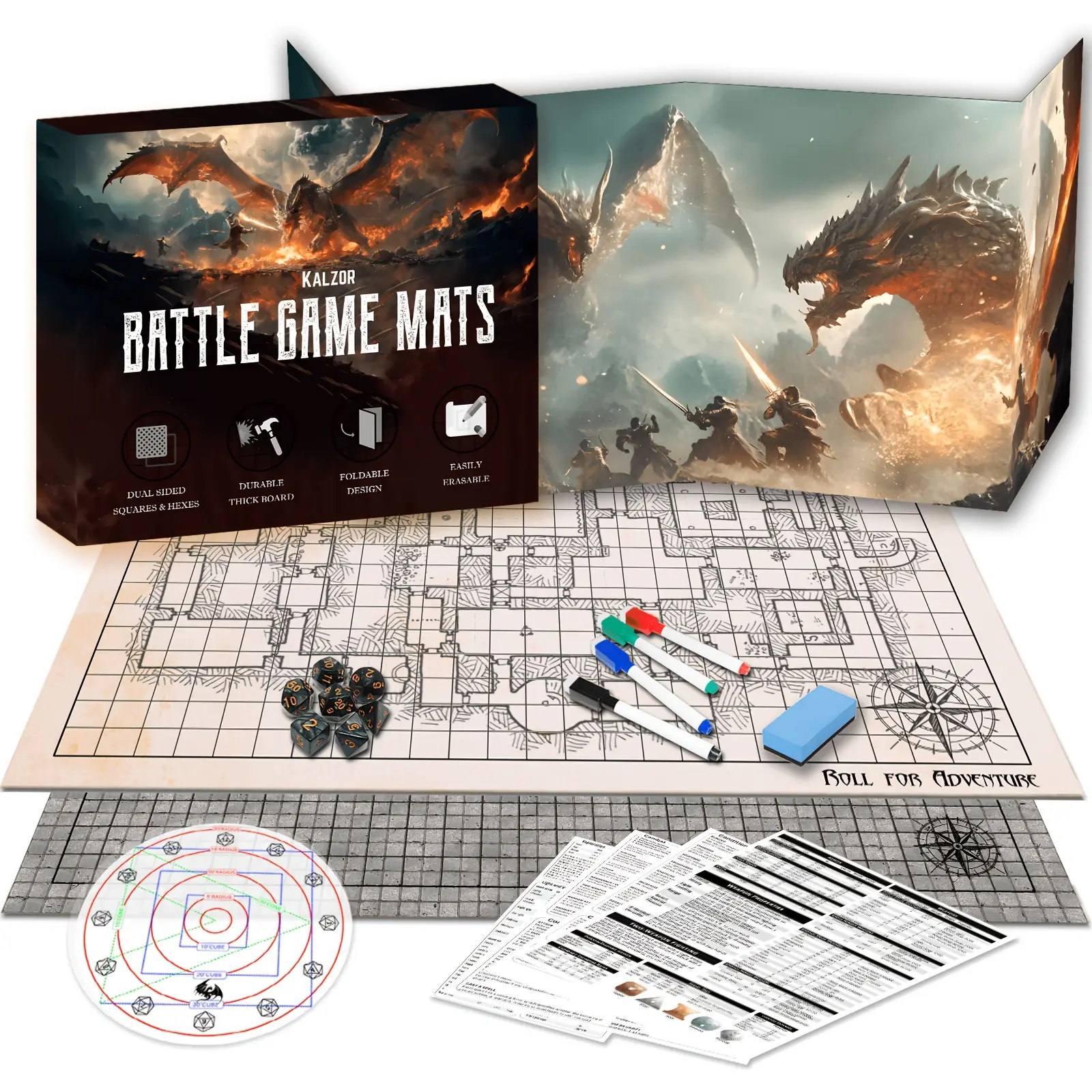 DnD TTRPG Game Set - Battle Map Pack with Double-Sided Board, DM Screen, Spell AOE Template, Dice Kit, Pens, Eraser, Erasable Grid Terrain Map, Game Accessories - Ideal Gift for Christmas, Birthday