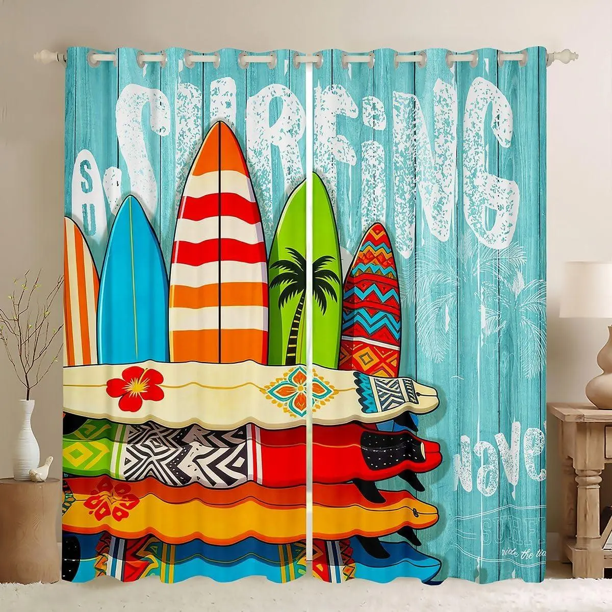 Surfboard Curtains Summer Hawaii Sea Surfing Blackout Curtains,Tropical Botanical Curtains & Drapes Palm Tree Print Window Curtains,Blue Wood Board Window Drapes,Ocean Theme Window Treatments
