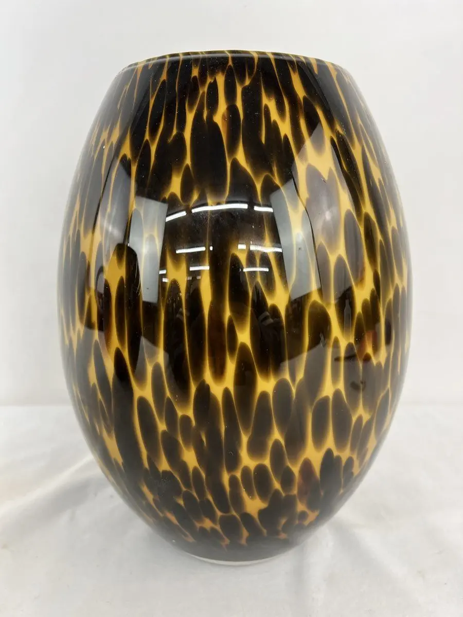 Murano Style Hand Blown Amber Tortoise Shell Leopard Print Art Glass Vase 11.75"