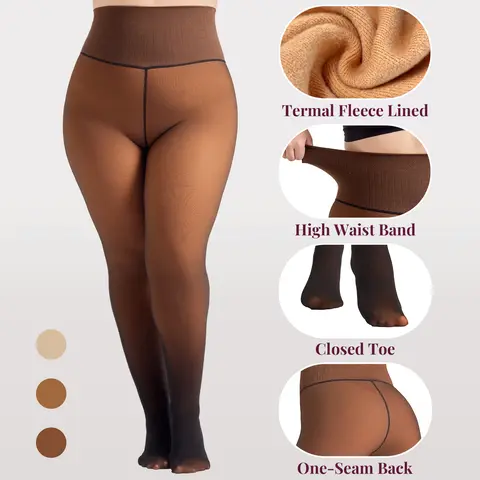 WiliW High Waist Fleece Lined Tights for Tall Girl Women Fake Sheer Pantyhose Thermal Winter Warm Seamless Control Top Compression Nude Look Soft Stretch Plus Size Closed Toe Winter Leggings