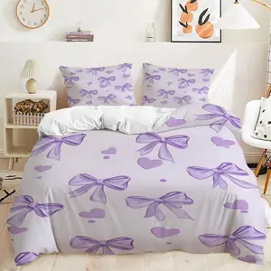 2/3Pcs Delicate Lavender Duvet Cover Set, Romantic Satin Ribbon Bow & Heart Design Bedding Set, Soft Pastel Colors, Perfect Bedroom Decor for a Feminine Touch, Luxuriously Cozy and Stylish Includes 1 or 2 Pillowcase - No filling/Zipper Closure