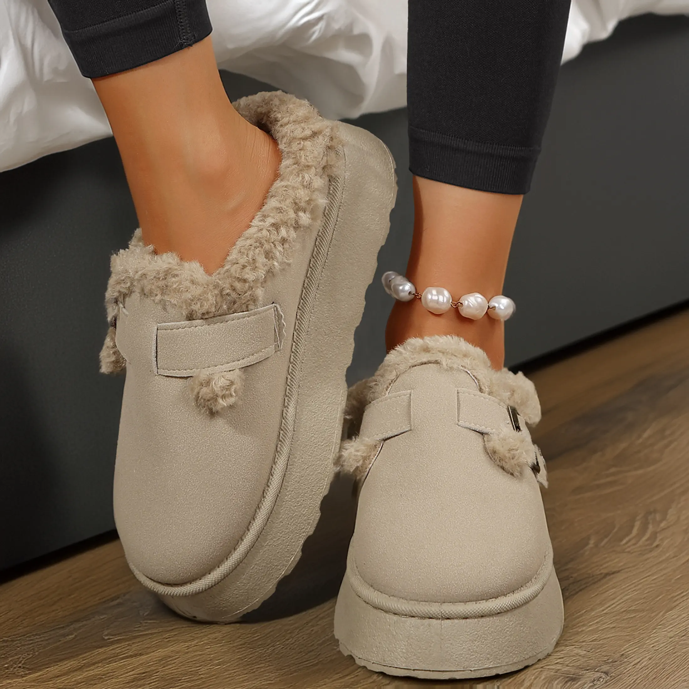 Fashion Buckle Boots Fleece Slippers for Women Warm Platform House Indoor Outdoor Shoes Winter Warm Mini Snow Boots