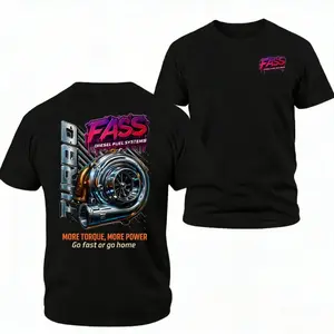 FASS Diesel Turbo Graphic T-shirt, 2 Sides High Performance Fuel Systems Turbocharger Artwork with More Torque More Power Slogan, Soft Cotton Blend Workwear Tee for Men Women Mechanics Diesel Truck Fans Gift