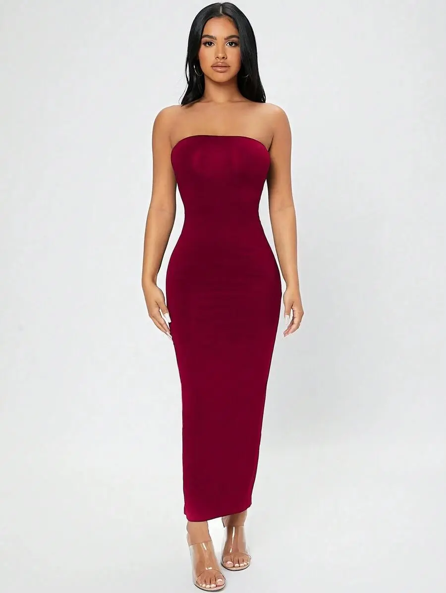LUNA LAYER Petite Womens Burgundy Strapless Bodycon Maxi Dress with Split Back for Formal Evenings