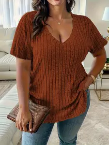 Plus Size Plain V Neck Tee, Casual Short Sleeve T-shirt for Summer, Women's Plus Clothing for Daily Wear