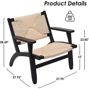 Soohow Rubberwood Accent Chair for Living Room,Indoor Mid Century Woven Accent Chair with Arms,Bedroom Side Boho Chair with Kraft Paper Rope,Black,Beige
