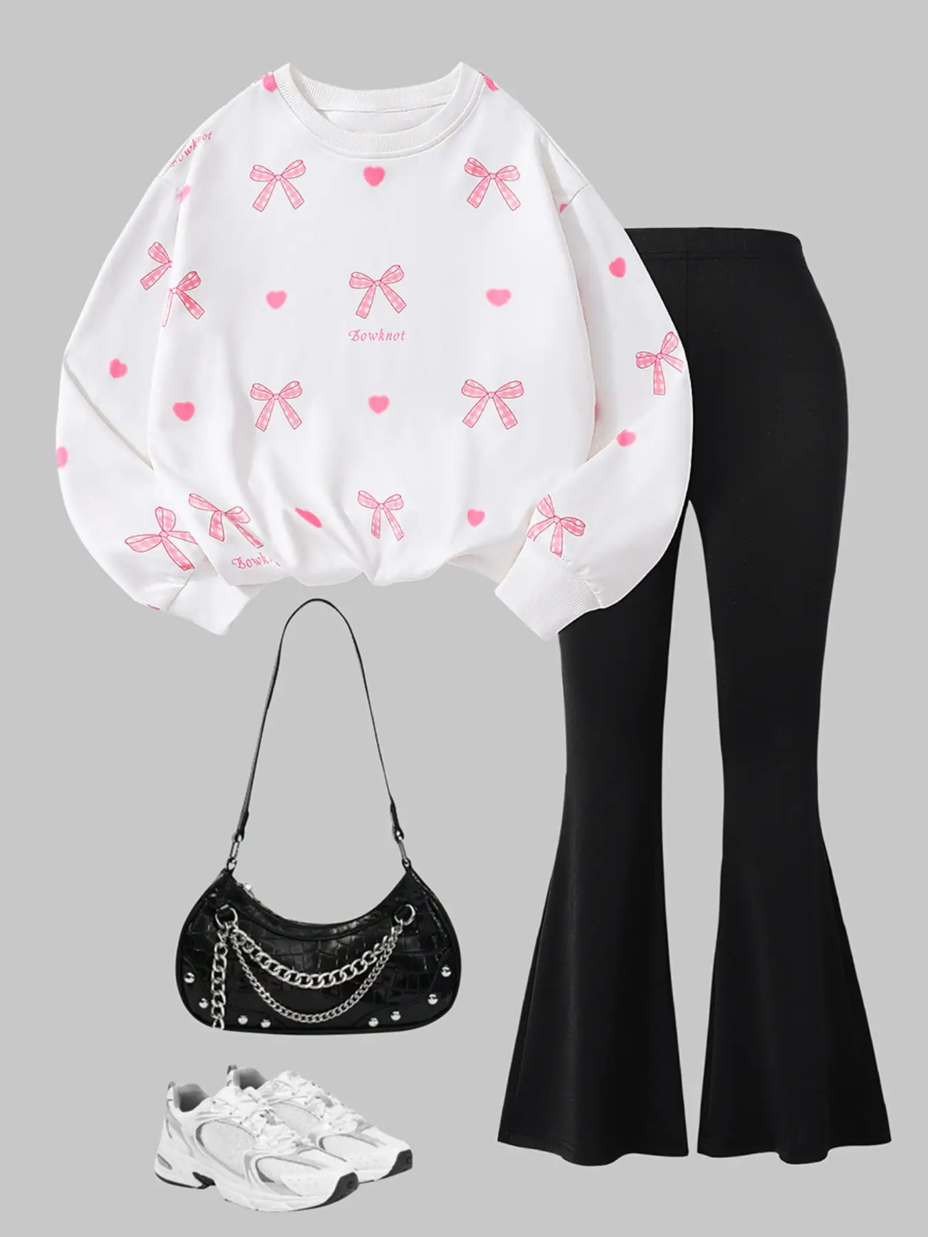 Girls' Bow Print Hoodie & Wide Leg Pants Set, Casual Loose Fit for Ages 8-12, Perfect for Daily Wear & Outdoor Activities, Top