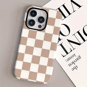 Phone Case: Phone Case- 2-in-1 Film Case, Brown and White Checkered Design- Durable and Sturdy, Double-layer Protection, Shockproof and Impact-resistant- Compatible with iPhone17, 16, 15, 14, 13, 12, 11, 8, 7, X, XS, XR, Plus, Pro, Max