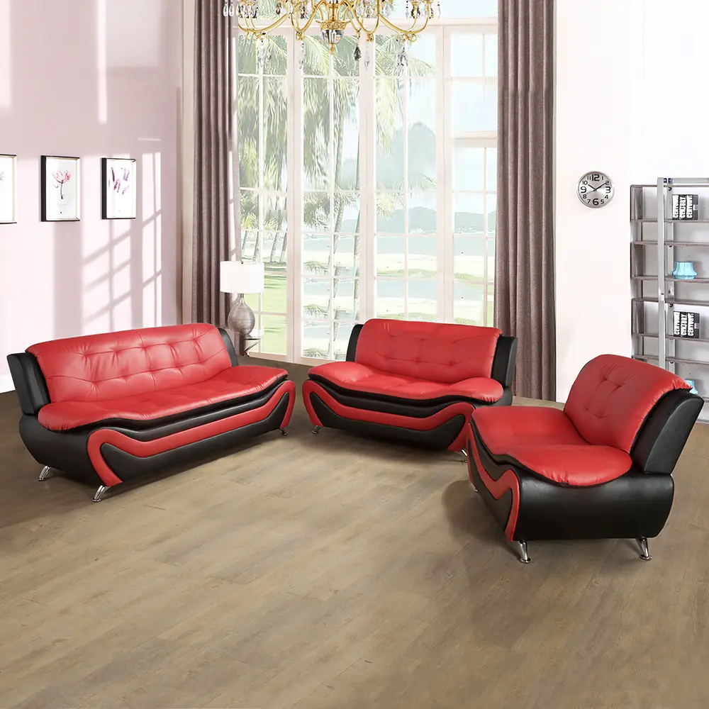 A Ainehome Red Faux Leather 3-Piece Couch Living Room Sofa Set - Includes Sofa Two Armchairs & Coffee Table Modern Design for Family Gatherings Elegant