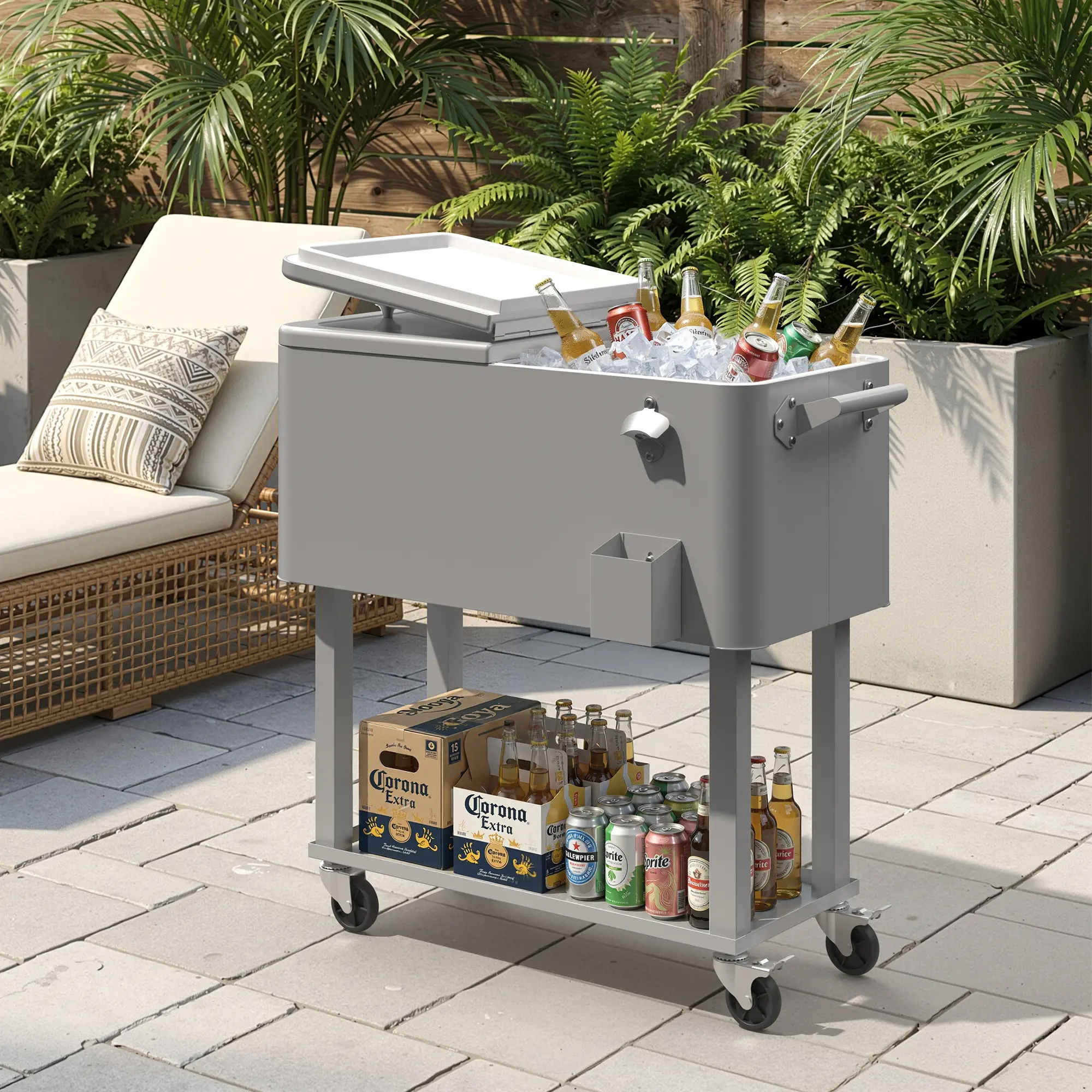 UDPATIO 80QT Light Gray Mobile Patio Ice Chest Cooler on Wheels, Heavy Duty Metal Outdoor Beverage Cart with Bottom Storage Shelf, 48 Hours Cold Retention Drinks Trolley for Pool Party, Deck & BBQ