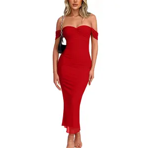 OYS Women's Sexy Sleeveless Off Shoulder Mesh Stretchy Bodycon Ruched Party long Dresses