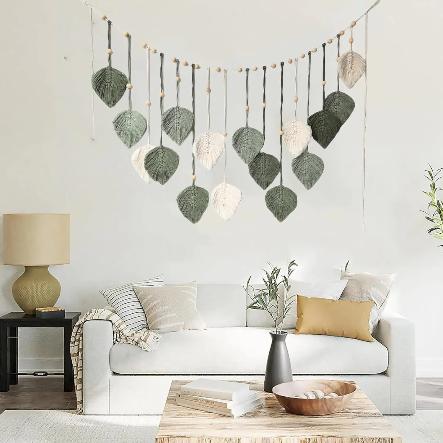 Macrame Woven Wall Hanging Boho Woven Leaf Tapestry Large Green Leaves Wall Decor Chic Home Decor Handmade Feather Wall Art for Bedroom Living Room Apartment Wall Decorations