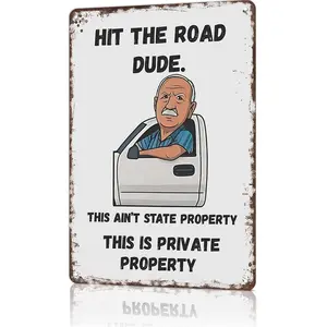 "Hit The Road Dude – Private Property" Aluminum Metal Wall Art |   8x12 Inch Retro Funny Sign for Garage, Porch & Man Cave |   Weather-Resistant Outdoor/Indoor Decorative Plaque with Pre-Drilled Holes