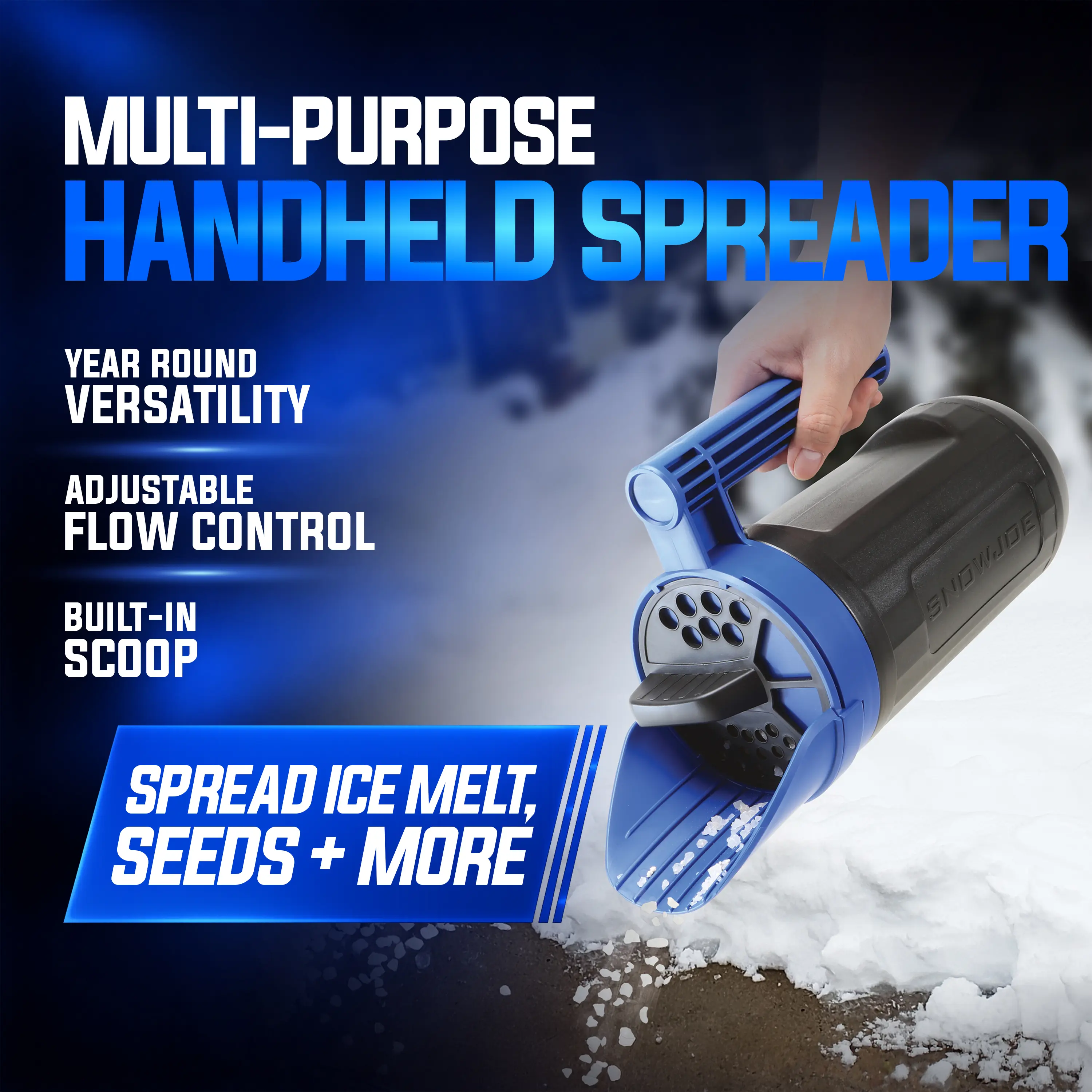 Snow Joe + Sun Joe Handheld All-Season Multi-Purpose Spreader - 5 lbs (84.5oz), Handheld Grip, Built-In Scoop, Adjustable Flow Control Dial