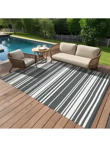 Outdoor Polypropylene Straw Rug, Modern Stripe Pattern Reversible Floor Mat, Waterproofing, Foldable, Lightweight, Stain-Resistant Camping Carpet for Patio Use, Porch