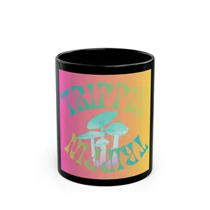 Neon Trippy Mushroom Art Coffee Mug - Glossy Retro Black Ceramic Bold Phrase Mug, Reusable Lightweight Washable Kitchen Drinkware, Coffee Mugs