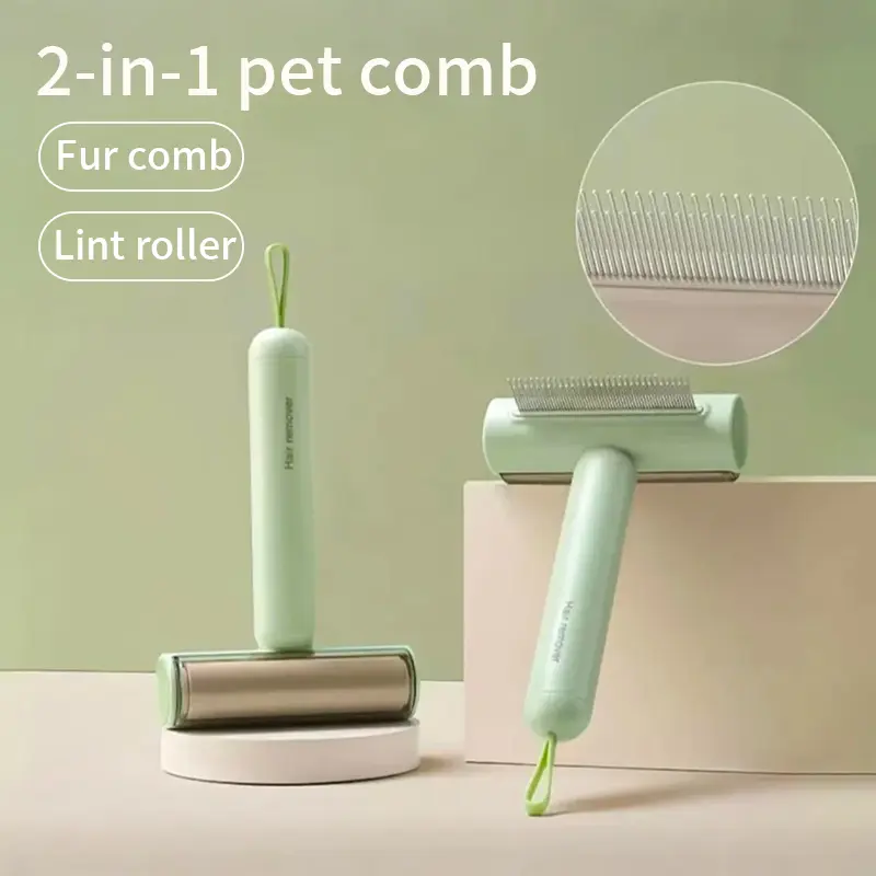 2-in-1 Pet Grooming Comb! Mess-Free Fur Remover Brush for Cats & Dogs, No Flying Hair, Removes Loose Fur + Lint Roller for Clothes, A Must-Have for Lazy Pet Parents!