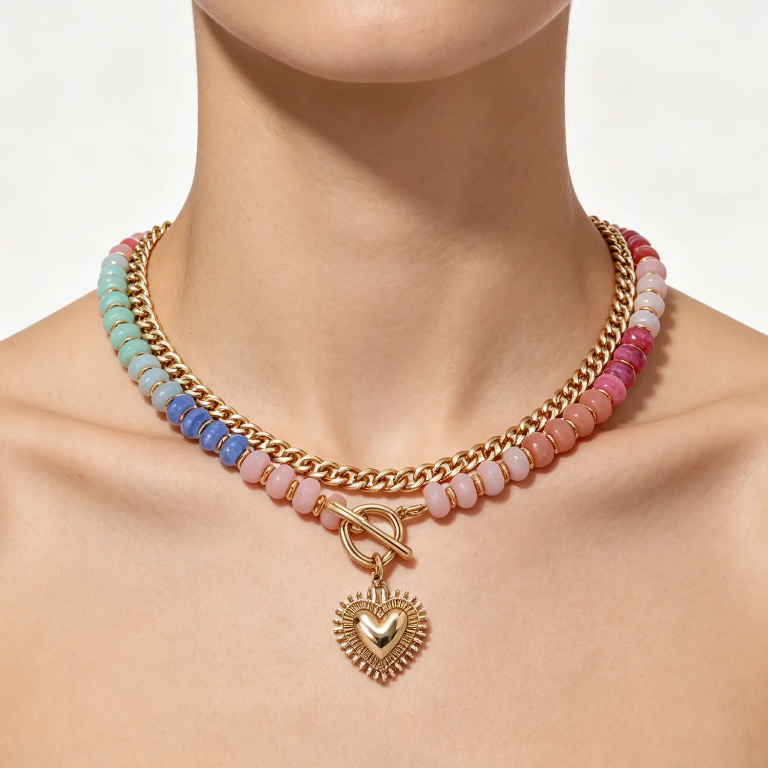 Dopamine Color Beaded Heart Pendant Necklace Gold Chain Layered Choker Jewelry for Women Y2K Summer Fashion Gift