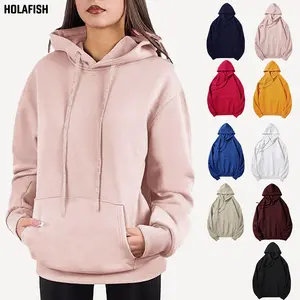 Holafish Women's Hoodies Sweatshirts Cute Long Sleeve Tops Loose Fleece Pullover Shirts with Pocket Casual Korean Minimalist Style Winter Medium Length Cozy Fabric Comfy Cotton Everyday Jeans Kangaroo Matching Ribbed Soft Womenswear