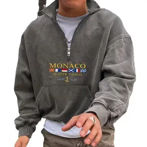 St Newst New Men's Monaco Yacht Club Sweatshirt-Casual V-neck Pullover with 1/4 Zipper, Long Sleeve, Polyester, Machine Washable, Navy Blue, with Flag Print Graphic Hoodie Streetwear Hoodie Loose Tops Fabric