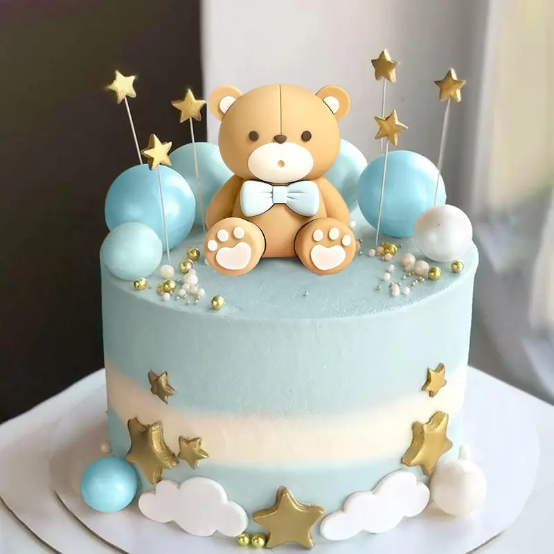 LaVenty Luxury Plastic Blue & Brown Bear Cake Topper Set - 1+15 Pieces, 5 x White Cake Balls, Multi-Size Bear Balls, Stars, Easy-Install Holders for Boy Birthday, Wedding Festive Supplies